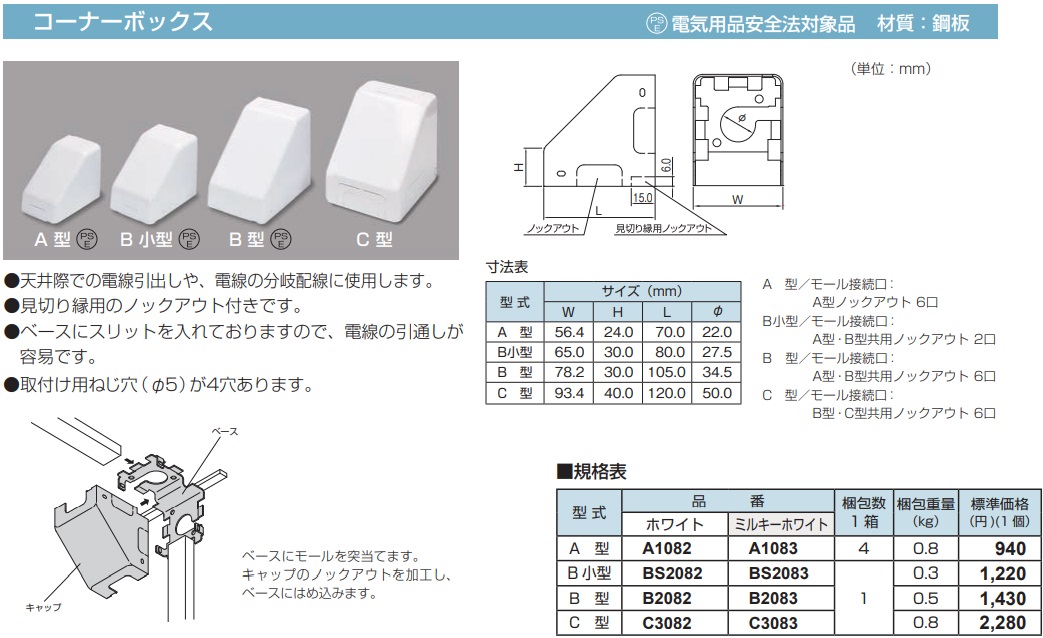 A1082 メタルモール付属品-コーナーボックス(A型・ホワイト)