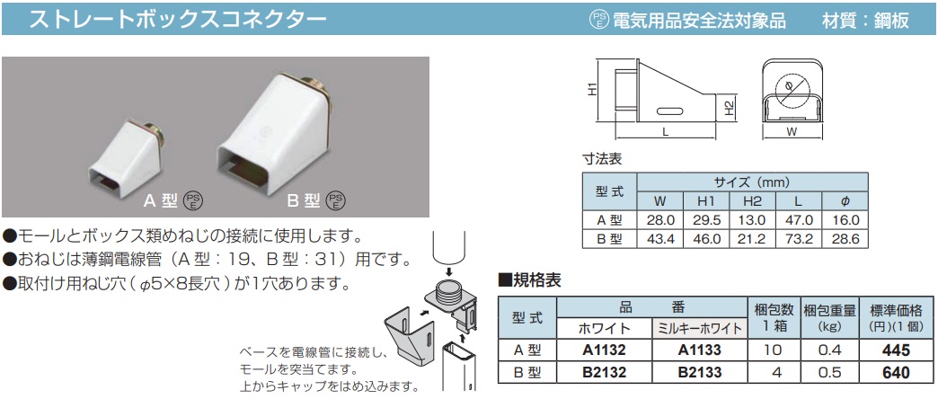 A1132 メタルモール付属品-ストレートボックスコネクター(A型・ホワイト)