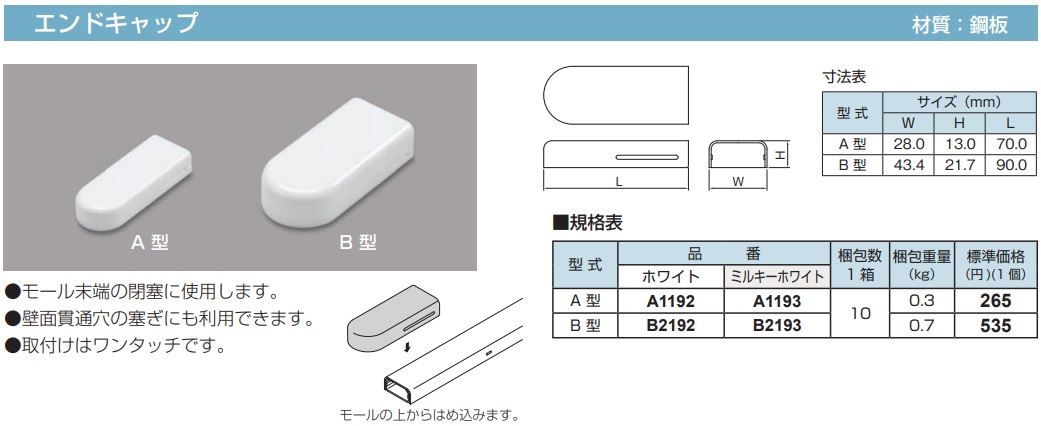 A1192 メタルモール付属品-エンドキャップ(A型・ホワイト)