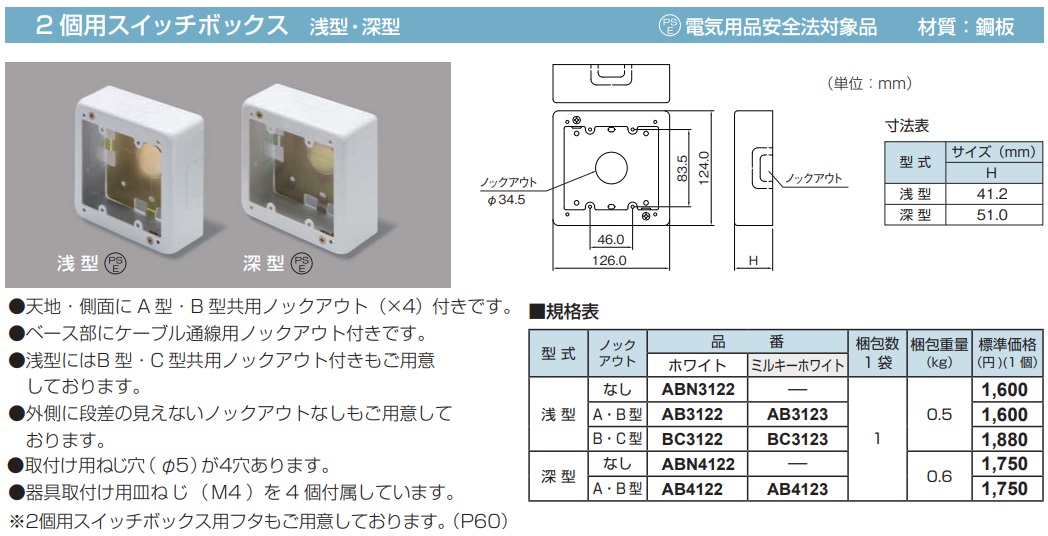 AB3122 メタルモール付属品-スイッチボックス(2個用・浅型・ホワイト)