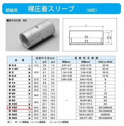 B150 裸圧着スリーブ(Bスリーブ)(突き合せ用B形)標準