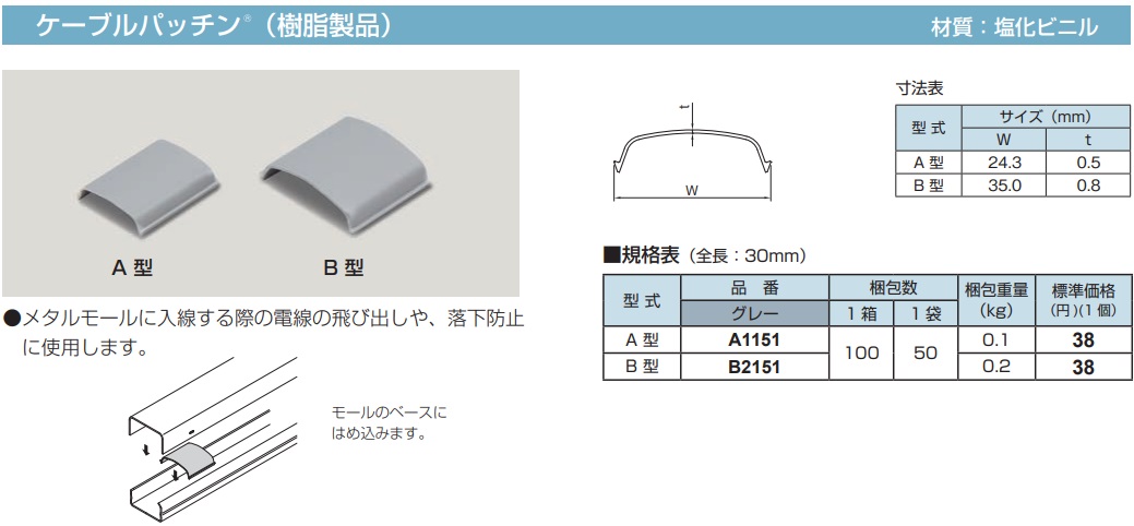 B2151 メタルモール付属品-ケーブルパッチン(B型・グレー・樹脂製品)