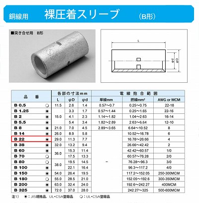 B22 裸圧着スリーブ(Bスリーブ)(突き合せ用B形)標準