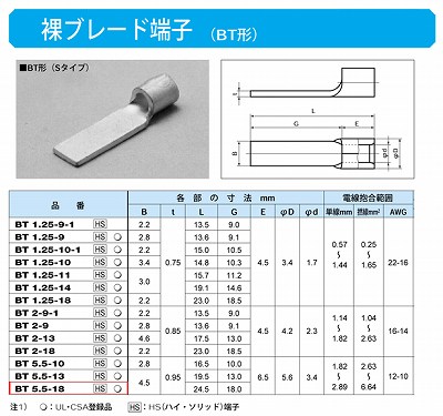 BT5.5-18 ブレード端子(BT形・Sタイプ)