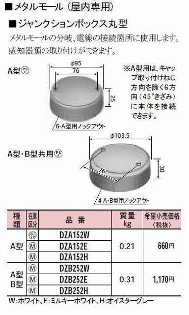 DZA152E メタルモール付属品-ジャンクションボックス丸型(A型)(ミルキーホワイト)