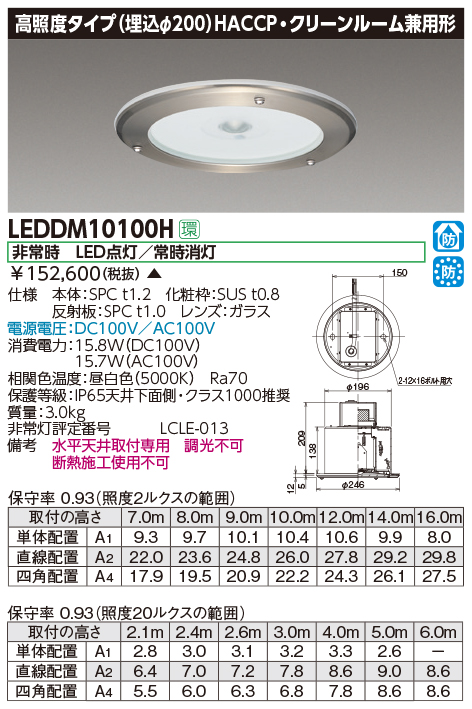 LEDDM10100H [受注品] 電源別置形非常用照明器具埋込形φ200 高照度タイプ HACPP・クリーンルーム兼用