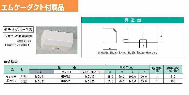 MDV12 エムケーダクト付属品-タチサゲボックス(A型・ホワイト)