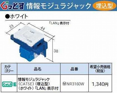 NR3160W ぐっとすシリーズ情報モジュラジャック(CAT5E)(埋込型)(ホワイト)