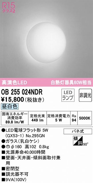 OB255024NDR ブラケット 壁面・天井面・傾斜面取付兼用 非調光・昼白色 白熱灯60W相当 密閉型 ガラス（乳白ケシ）