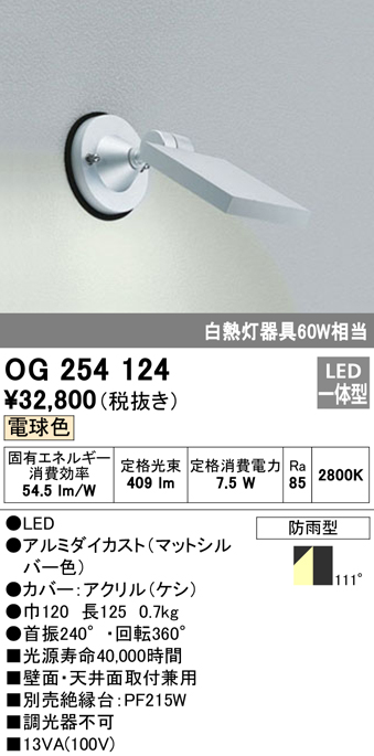 OG254124 屋外用スポットライト フレンジ型 白熱灯60Wタイプ 電球色