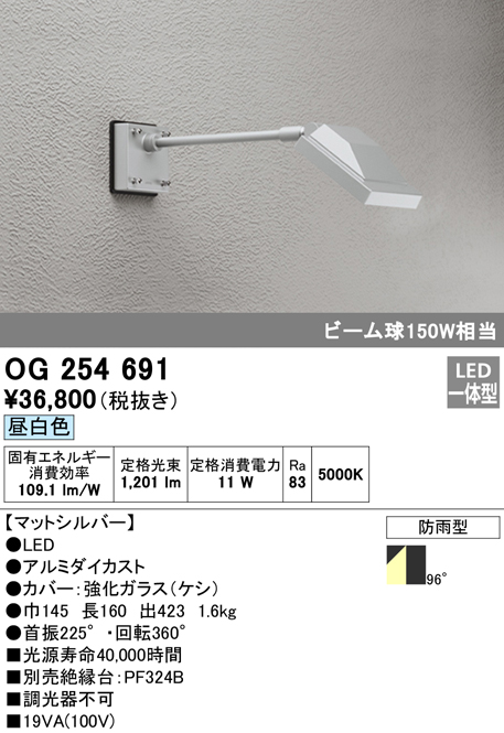 OG254691 屋外用スポットライト アームタイプ ビーム球150W相当 昼白色