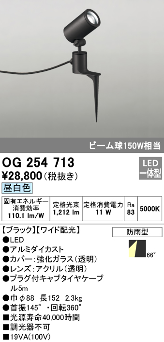 OG254713 屋外用スポットライト スパイクタイプ ビーム球150W相当 昼白色 ワイド配光 色：ブラック