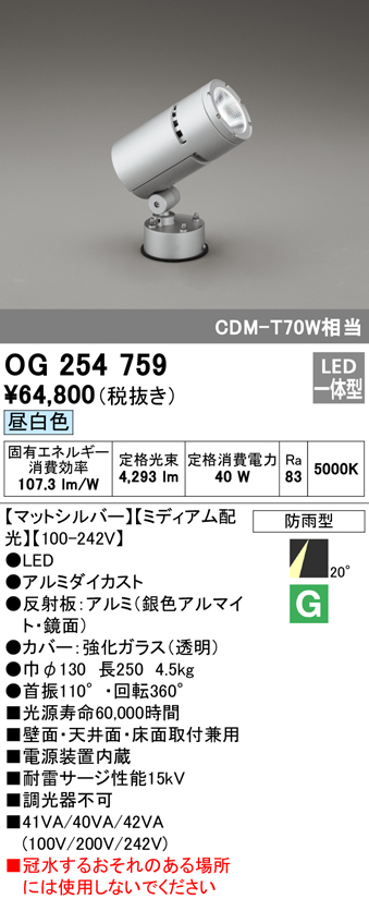 屋外用スポットライト フレンジ型 CDM-T70W相当 昼白色 ミディアム配光