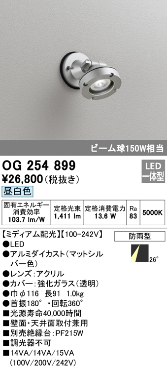 OG254899 屋外用スポットライト LED一体型 調光器不可 ビーム球150W相当 非調光・昼白色 ミディアム配光 色：マットシルバー