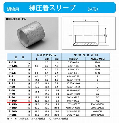 P100 裸圧着スリーブ(Pスリーブ)(重ね合せ用P形)