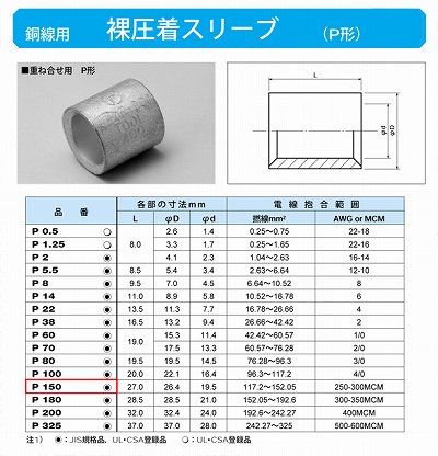 P150 裸圧着スリーブ(Pスリーブ)(重ね合せ用P形)