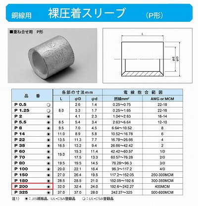 P200 裸圧着スリーブ(Pスリーブ)(重ね合せ用P形)