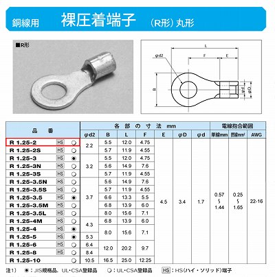 R1.25-2 丸形圧着端子(R形)