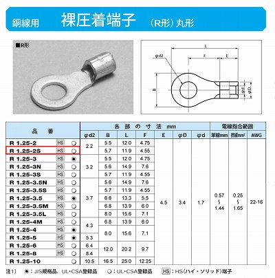 R1.25-2S 丸形圧着端子(R形)