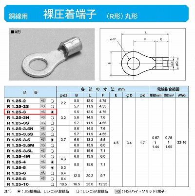 R1.25-3 丸形圧着端子(R形)