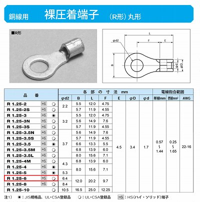 R1.25-6 丸形圧着端子(R形)