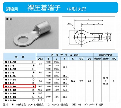 R14-10 丸形圧着端子(R形)