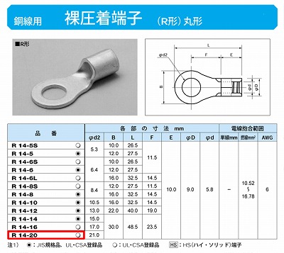 R14-20 丸形圧着端子(R形)