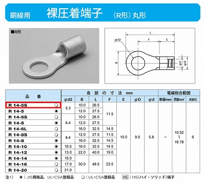 R14-5S 丸形圧着端子(R形)