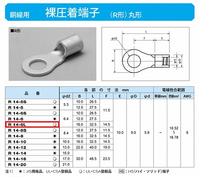 R14-6L 丸形圧着端子(R形)