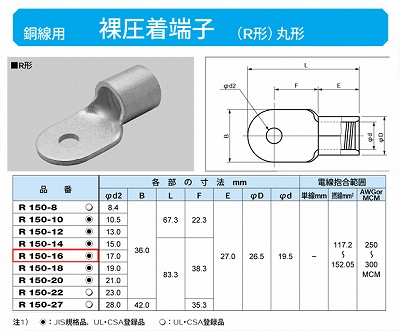 R150-16 丸形圧着端子(R形)