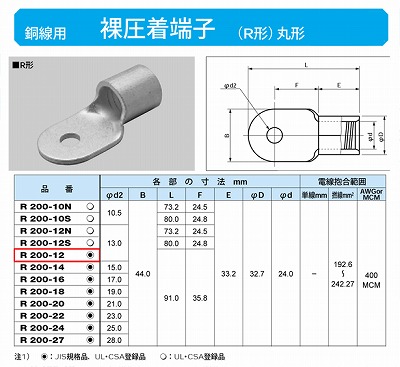 R200-12 丸形圧着端子(R形)　1個