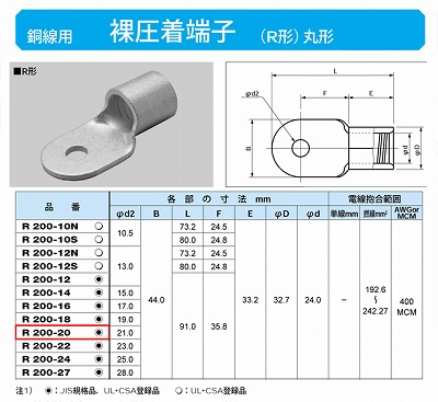 R200-20 丸形圧着端子(R形)