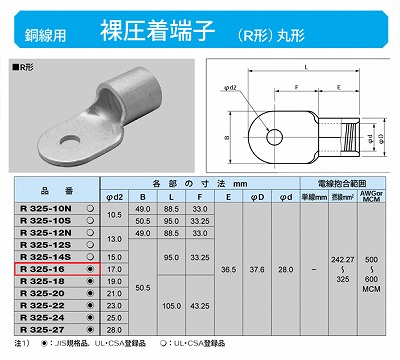 R325-16 丸形圧着端子(R形)