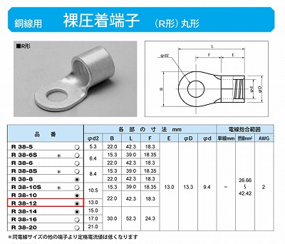 R38-12 丸形圧着端子(R形)