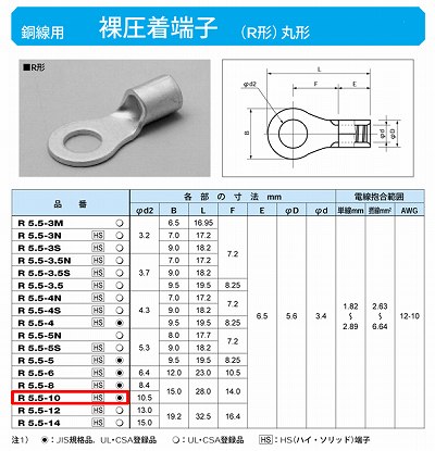 R5.5-10 丸形圧着端子(R形)100個入 1箱