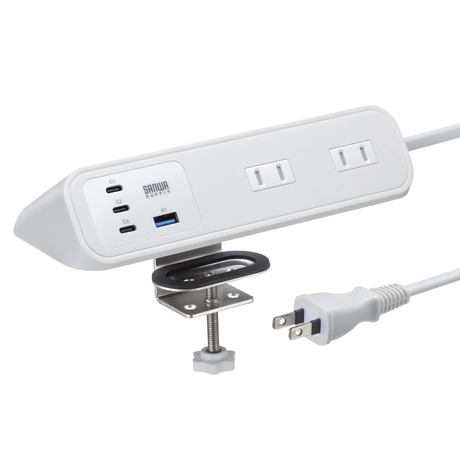 クランプ固定式タップ(AC4個口＋USB-Cx3＋USB-Ax1・PD65W・ホワイト) TAP-B114UC-2W