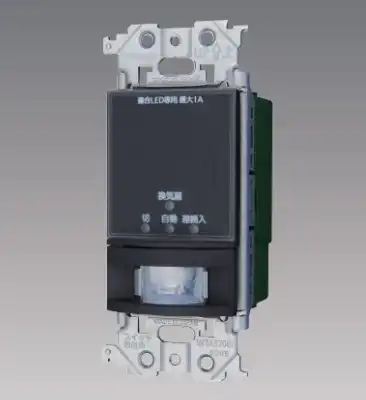 WTA1274B アドバンスシリーズ トイレ壁取付熱線センサ付自動スイッチ(2線式)(適合LED専用1A・換気扇連動用・ほんのり点灯モード対応形)(検知後連続点灯時間約10秒～30分可変形)(消灯お知らせ機能・明るさセンサ付)(マットブラック)
