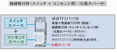 WTF37111W コスモシリーズワイド21絶縁取付枠(スイッチ+コンセント用)(化粧カバー付)(ホワイト)