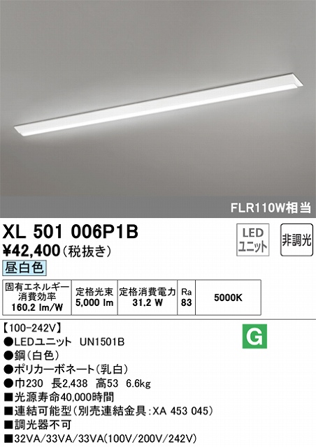 ユニット型ベースライト 逆富士型(幅230mm) 5000lmタイプ(FLR110Wｘ１相当) 昼白色5000ｋ